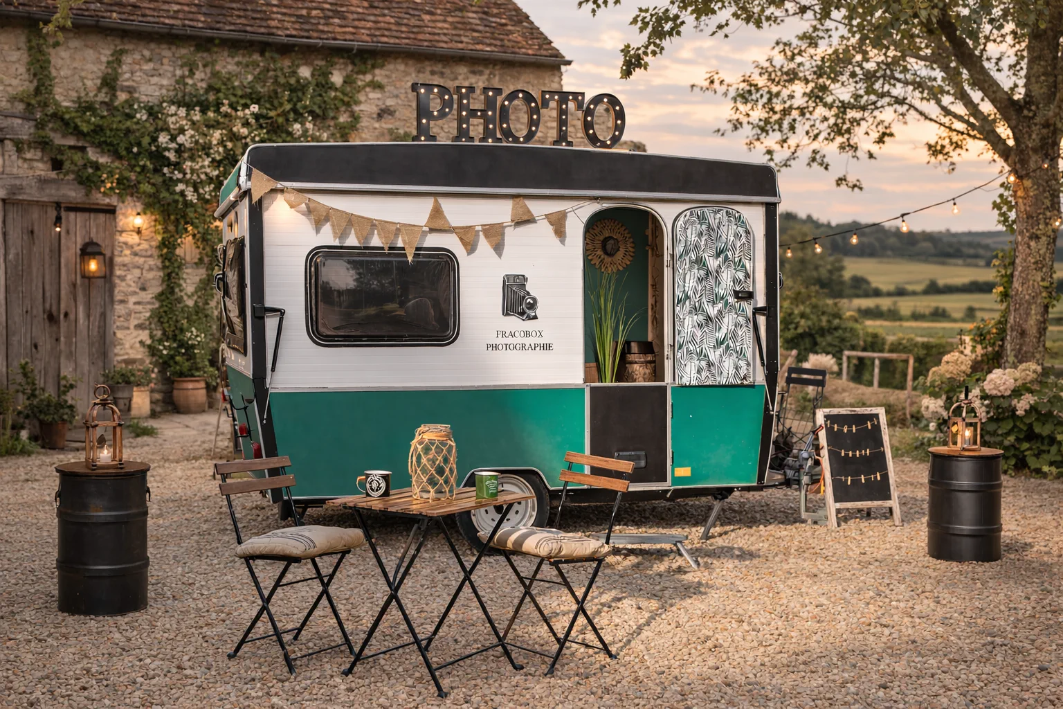 Pixie photobooth caravan parked in front of a stone building